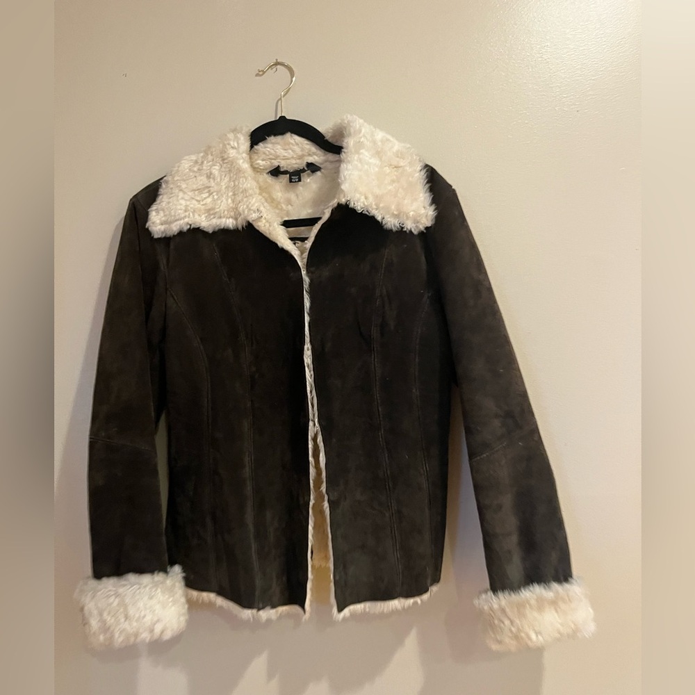 Express Brown Suede Jacket with Cream Fur Trim size 11/12.